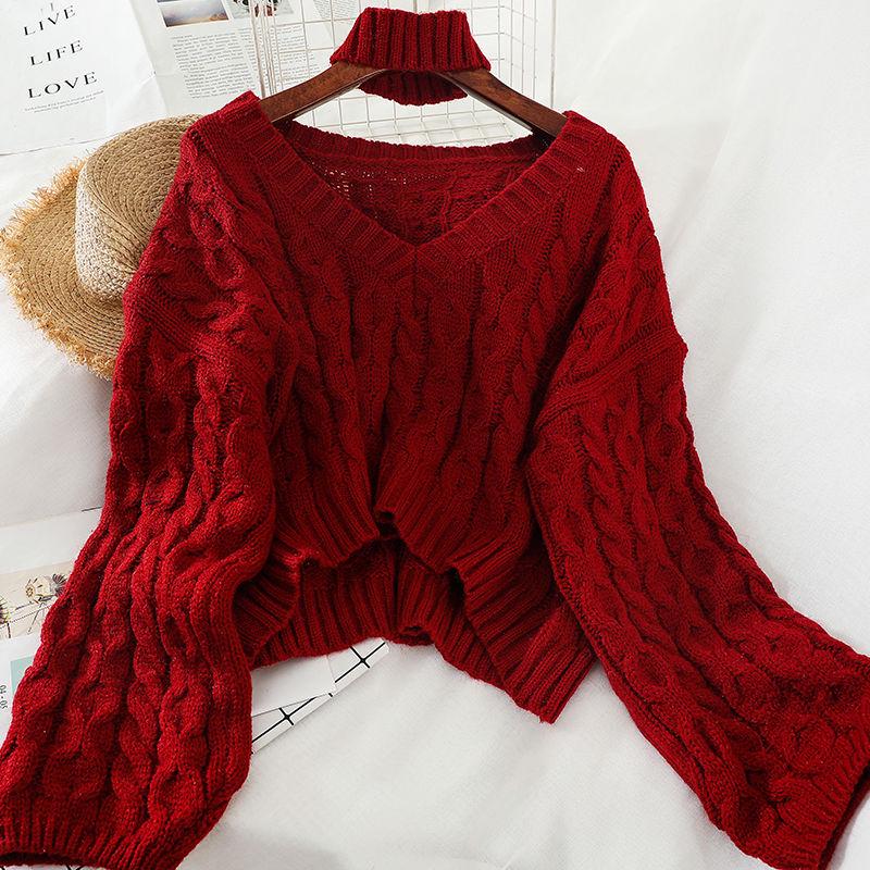 Spring Long-sleeved Sweater Women Loose Temperament Goddess Lazy Style Knit Sweater Top V-neck Pullover Loose Slim Knit Top