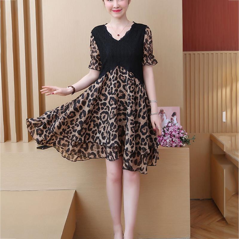 Large Size L-XXXXXL Women's Summer Dress Chiffon Veil Leopard Printing Above Knee V-neck Ruffle