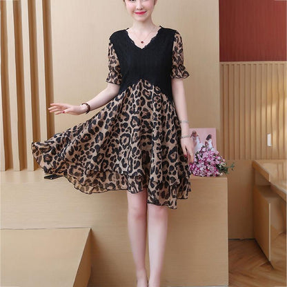 Large Size L-XXXXXL Women's Summer Dress Chiffon Veil Leopard Printing Above Knee V-neck Ruffle