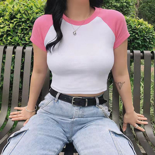 Contrast Patchwork Short Sleeve T Shirt Women Basic Casual Crop Top T Shirt Harajuku Retro Raglan Crop Y2K Summer Tee Shirt