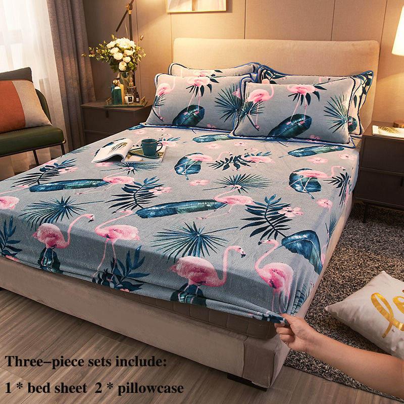 Warm Coral Velvet Bed Three-piece Bed Cover All-inclusive Printing Protective Cover Home Double Bed Set