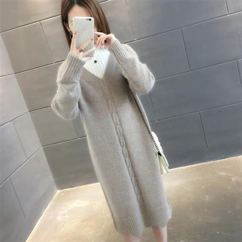 Mid-length Half Turtleneck Sweater Autumn and Winter Plus Velvet Padded Base Shirt Over-the-knee Warm Dress