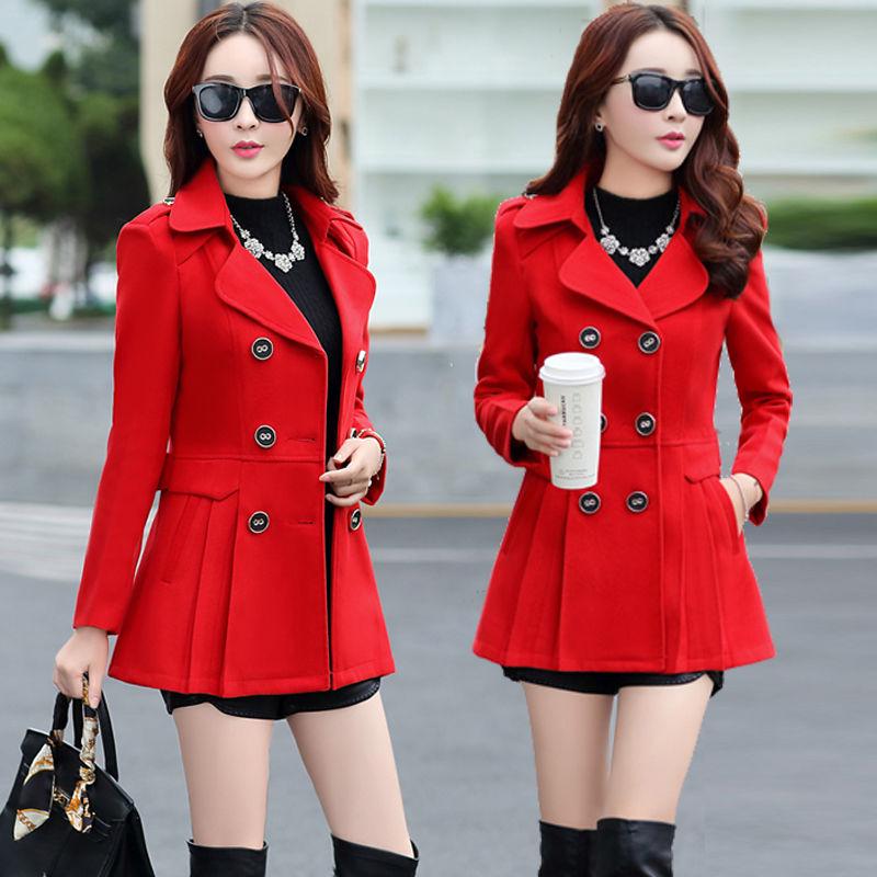 Winter Woolen Coat Women Double Breasted Overcoat Turn-down Collar Slim Outerwear Female Trench Coat