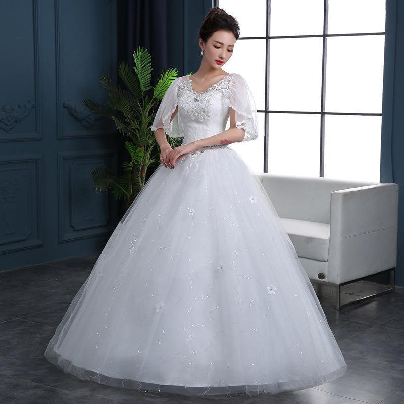 Wedding dress spring and summer sleeve lace bride simple word shoulder