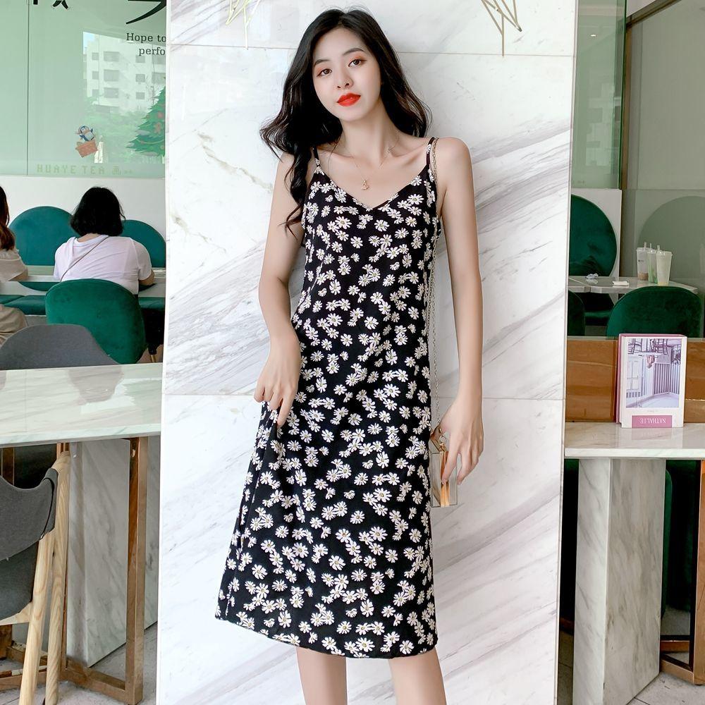 Floral Dress Loose and Thin Sling Dress Mid-length Off-shoulder Sling Dress Sexy Slim A-line Version Fabric Light and Breathable