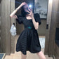 Women's Summer Dress Square Neck Thin Puff Sleeves Solid Color A-Line Skirt