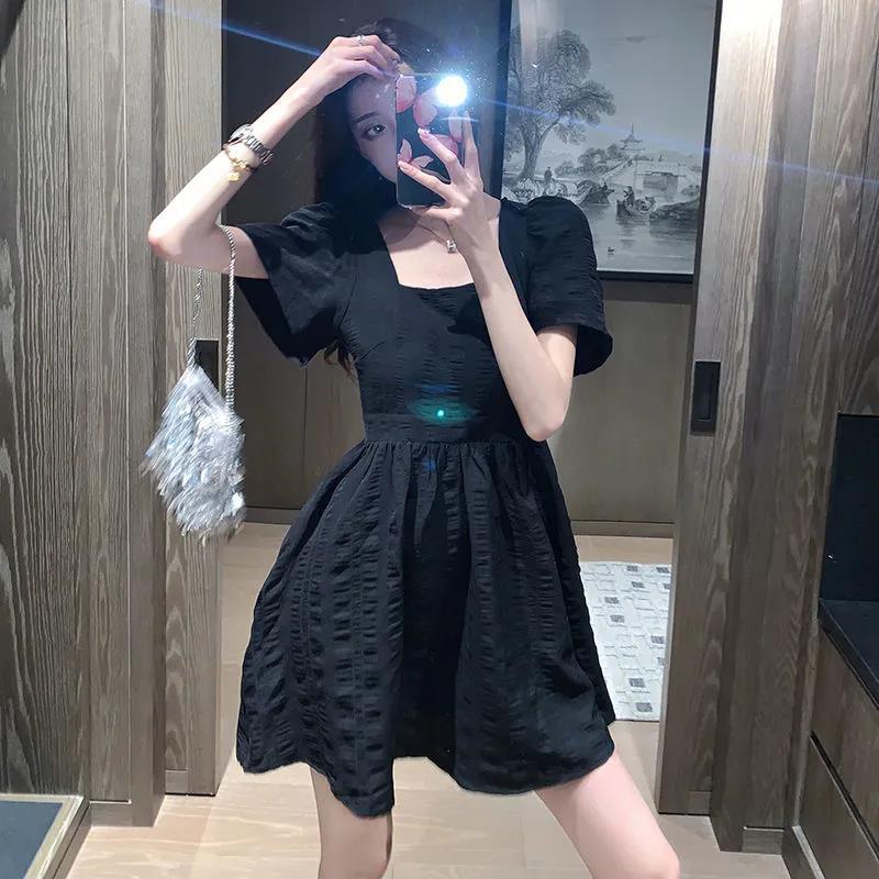 Women's Summer Dress Square Neck Thin Puff Sleeves Solid Color A-Line Skirt
