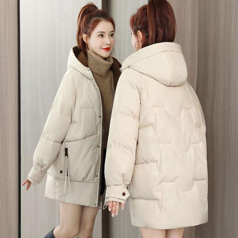 Winter Down Jacket Korean Version Loose Solid Color Cotton Jacket Ladies Mid-length Hooded Down Jacket