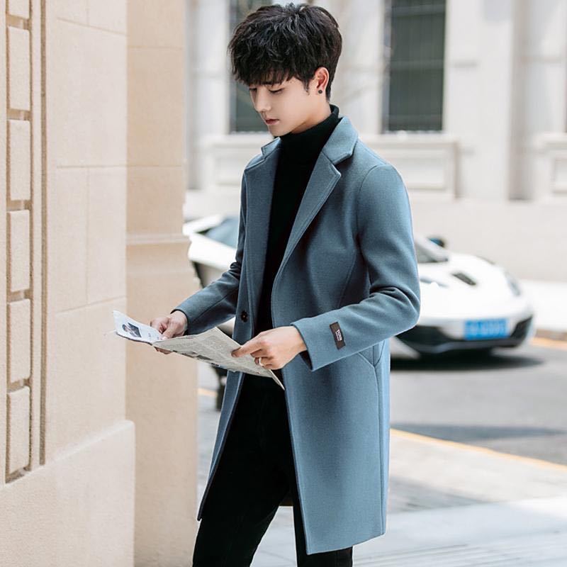 Men's Windbreaker Coat Youth Mid-length Plus Cotton Thick Coat Trendy Autumn and Winter Long Coat