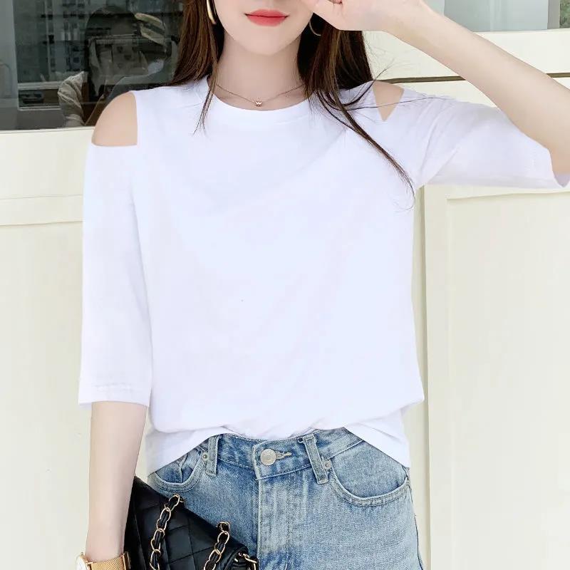 Lady  Summer  Concise  Sweet Style Round-Neck Flower Sleeve Pure Color Fashion Casual Loose T-shirt