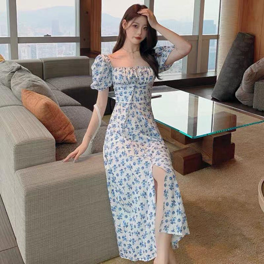 Floral Print Puff Short Sleeve Women Dress High Split Party Long Dresses Elegant Lace Up Sweet Summer Sexy Dress