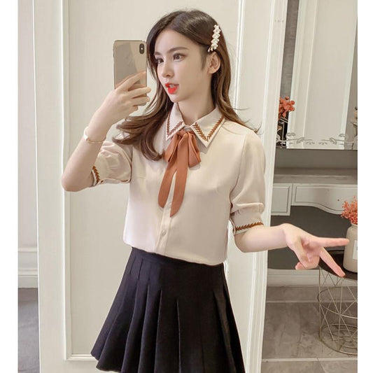 Chiffon Shirt Women's Short-sleeved Bowknot Niche Loose Casual Chiffon Shirt Sweet and Cute Loose Casual Shirt Fabric Light and Breathable