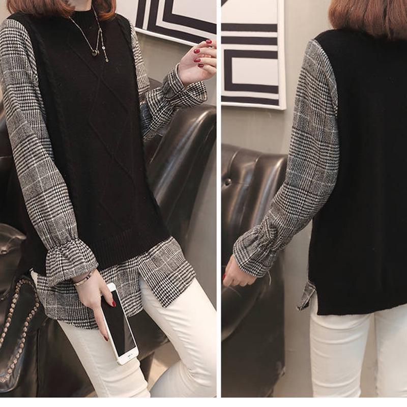 Spring and Autumn Stitching Flared Sleeve Top Loose Plaid Pullover Sweater Fashion Casual Sweater Women