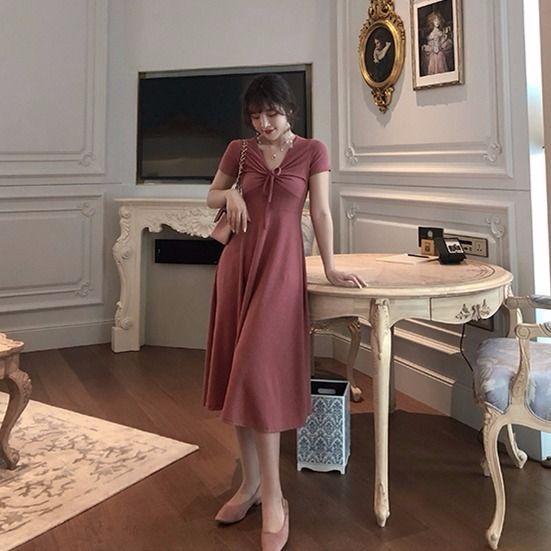 Women's Summer Korean Retro Slim Drawstring Pleated Short Sleeve A-line Slim V-neck Mid Length Dress