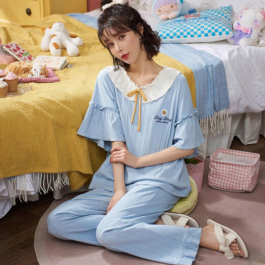 Loose Large Size Can Be Worn Outside Home Service Women's Spring and Summer Short-sleeved Trousers Cotton Suit Cute Lace Edge Pajamas