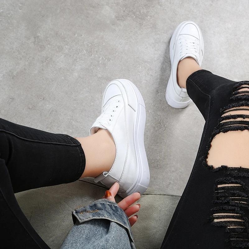 Female Leather White Shoes Spring and Summer Female Students Flat Bottom Shoes Casual Shoes White Shoes Walking Tall Shoes