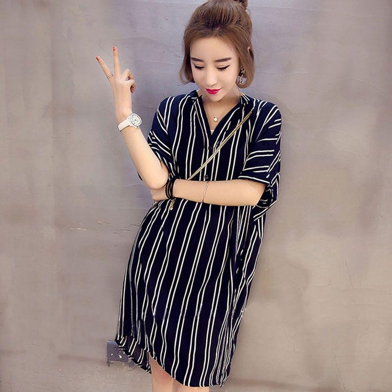 Summer Striped Shirt Dress Women Fashion Casual Lapel Short Sleeve Pocket Irregular Striped Short Dress Women