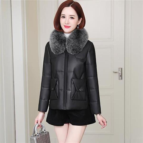 PU Leather Down Cotton Jacket Women's Short Leather Jacket Thick Fur Collar Imitation Fur Korean Coat Winter