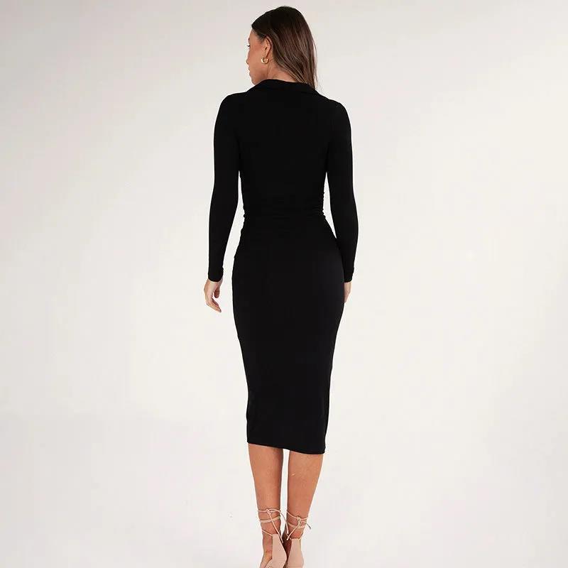 Women's Party Dress Button Knit Dress Autumn and Winter Slim Long-sleeved Long Skirt and Ankle V-neck Tight-fitting Sexy Dress Ladies Split Hem