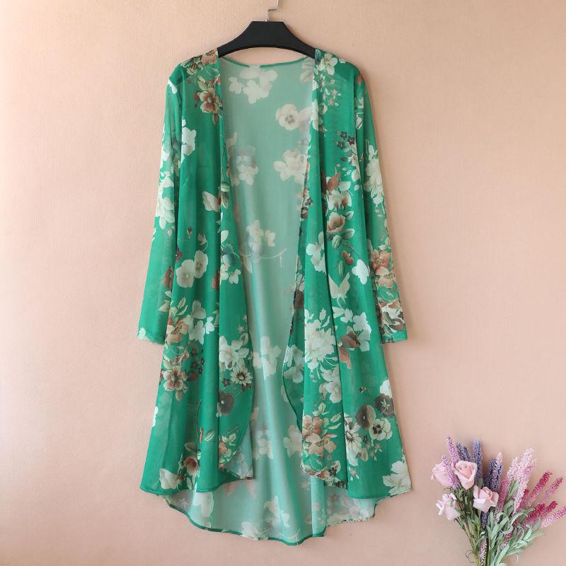 Women's Sun-Dress 1pcs Chiffon Cardigan Flowers Sun Protection Clothing Mid-length Plus Size Loose Outer Thin Coat Beach Air-conditioned Rooms