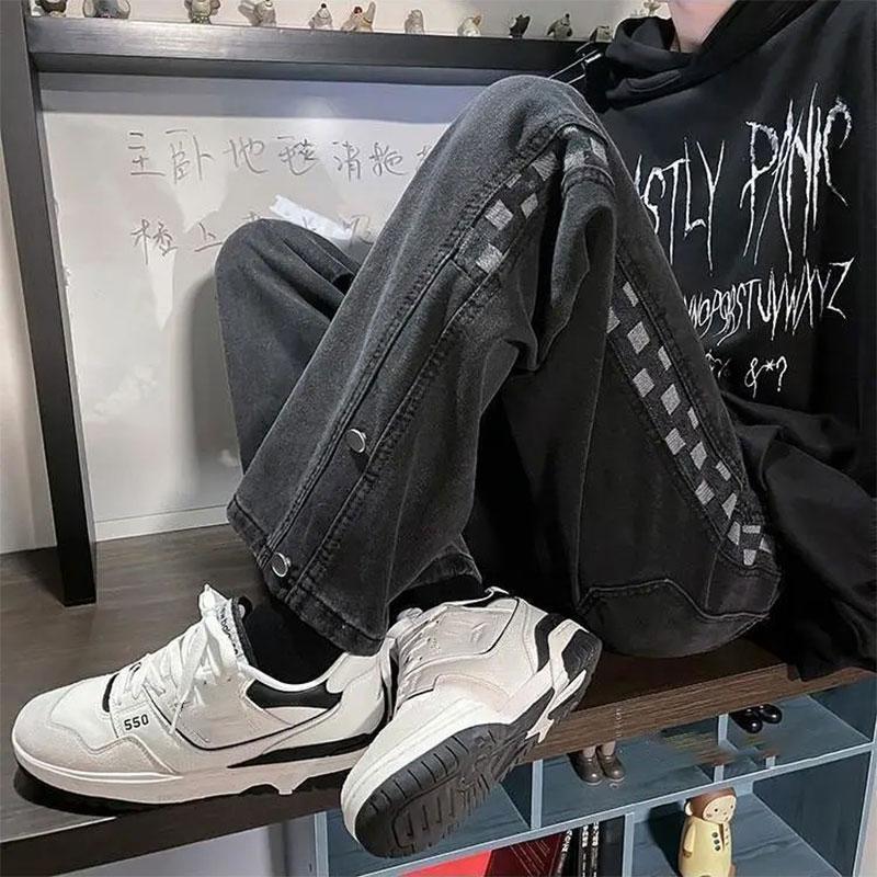 Men's Loose Straight Wide-leg Pants Autumn Ins Plaid Stitching Jeans Pendant Long Pants