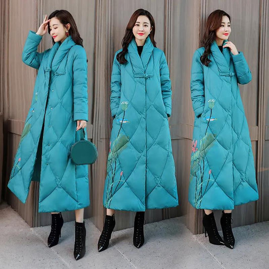 Chinese Style Cotton-padded Jacket Women's Retro Printing Was Thinner Mid-length Cotton-padded Jacket Ethnic Wind Over The Knee Coat