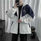 Colorblock Jacket Men's Loose Versatile Hooded Windbreaker Coat Couples Wear Thin Short Zip Long Sleeve Casual Coat Workwear