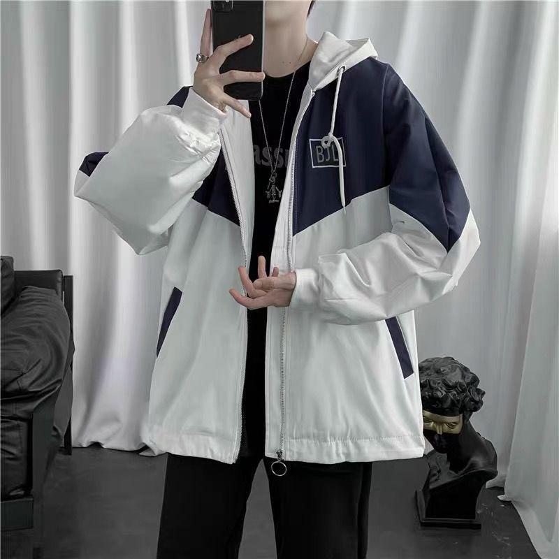 Colorblock Jacket Men's Loose Versatile Hooded Windbreaker Coat Couples Wear Thin Short Zip Long Sleeve Casual Coat Workwear