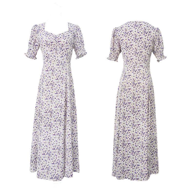 Summer Retro French Square Neck Puff Sleeve Split Dress Oil Painting Purple Floral Long Skirt French Retro Ladies Dress Chiffon Dress