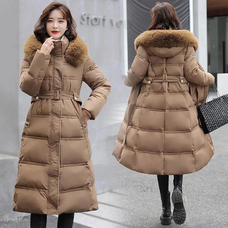 Long Down Jacket Fashion Fur Collar Waist Down Cotton-padded Jacket Over The Knee Thick Winter Padded Jacket Suitable for Women