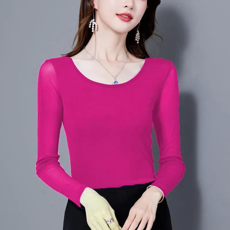 Women's Spring and Autumn Thin Bottoming Shirt Round Neck Solid Color Long Sleeve T-shirt