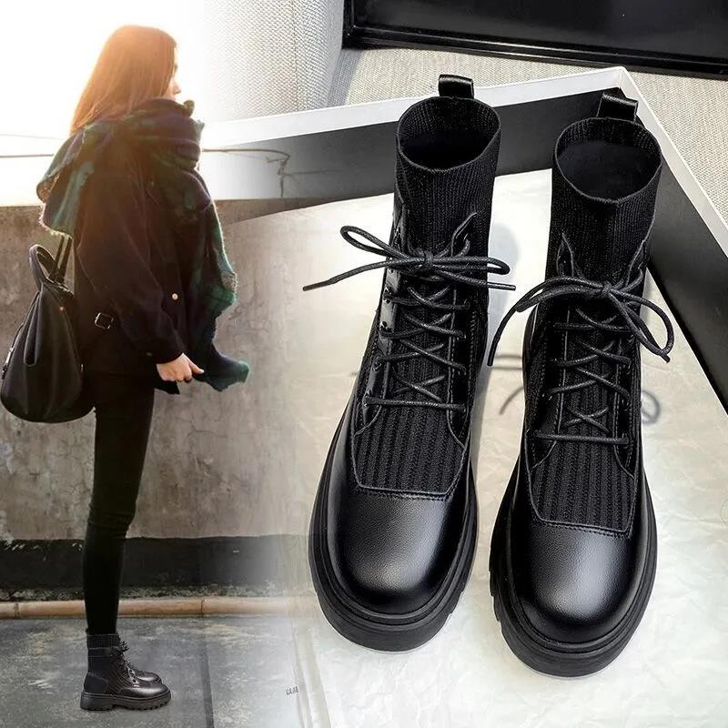Martin Boots Women's Spring and Autumn Boots Korean Style Wild Breathable British Style Lace-up Ankle Plush Boots