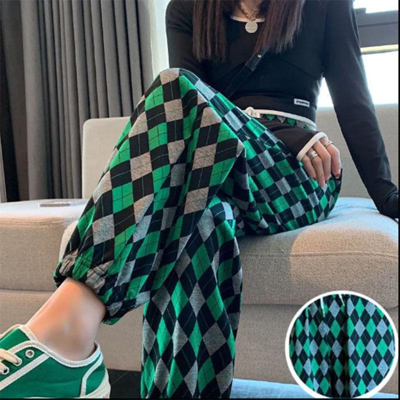 Plaid Sports Pants Women's Spring and Summer Loose and Thin Large Size Straight Casual Sweat Pants Leggings Harem Pants