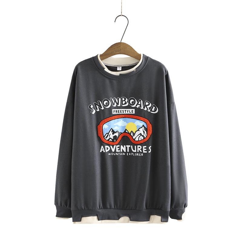 Plus Size Women's 2021 Autumn Thin Section Fake Two Piece Stitching Round Neck Sweater Fashion Printing Pullover