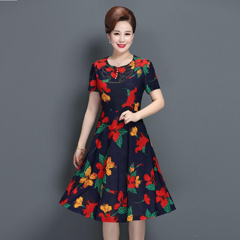 XL-XXXXXL Plus Size Women Summer Mid-length Printed Over-the-knee Dress Short Sleeve Mom A-line Skirt