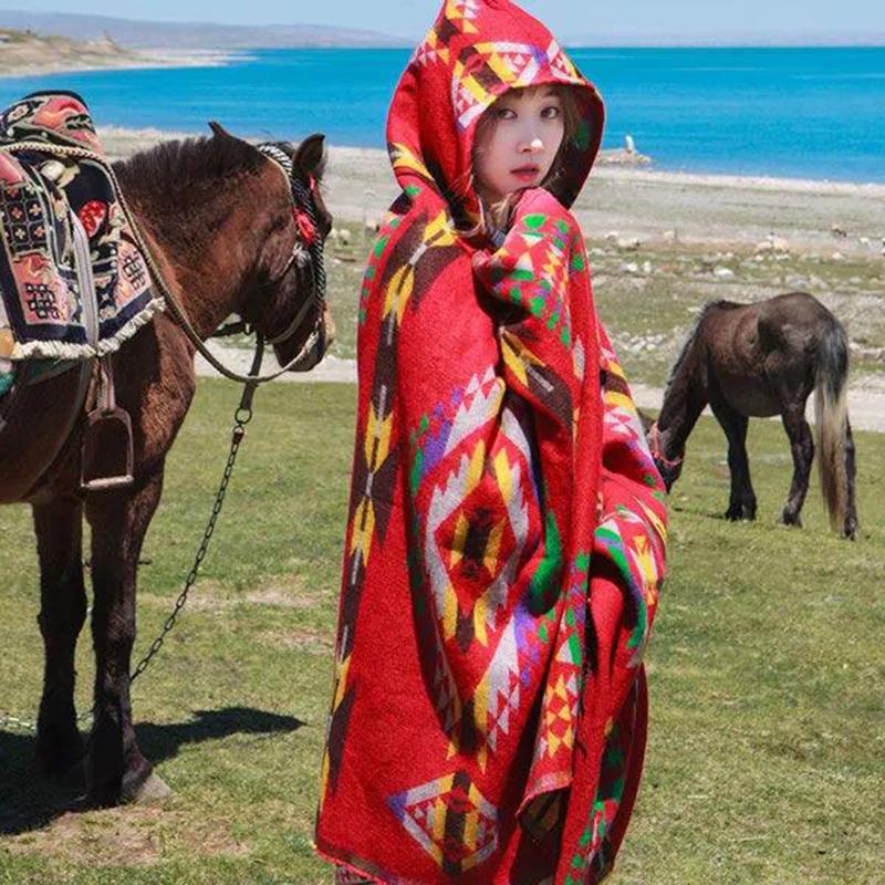 Ethnic Style Travel Outside with Shawl Cloak Female Autumn and Winter Thick Warm Red Shawl Windproof Buckle Hooded Cloak