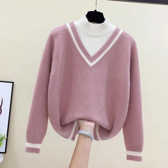Women's Autumn and Winter Sweater Large Size Pullover Preppy Style Loose Half-high Collar Bottomed Sweater