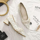 Pointed Shallow Mouth Gentle Shoes Thick Heel Small Fragrant Style Single Shoes Women's Mid-heel Pointed High Heels Pearl Fabric High Heels