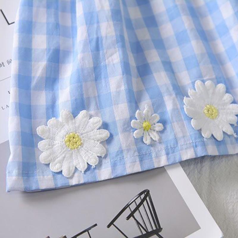 Children Dress Girls' Summer Thin Dress Suspender Dress Plaid Off Shoulder Chrysanthemum Princess Dress Ruffle