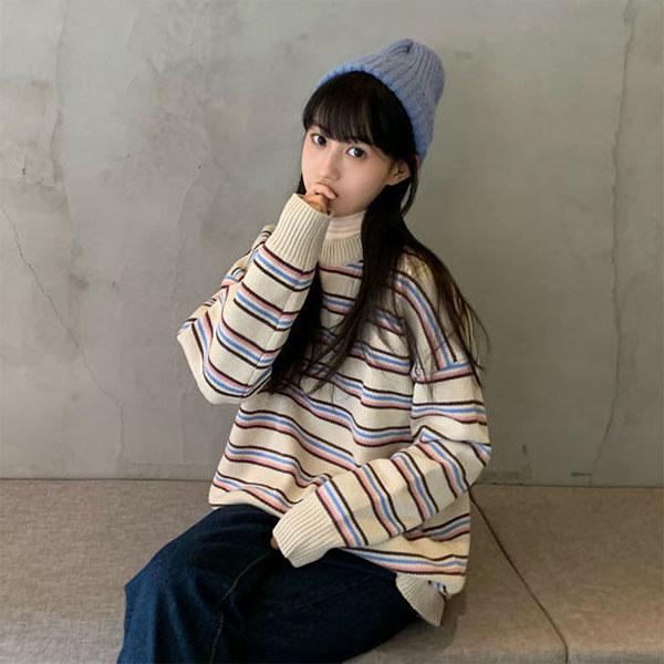 Autumn and Winter College Style Striped Round Neck Sweater Female Students Loose and Thin Mid-length Sweater Coat