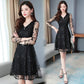 Lace Dress Spring Summer Knee-length V-neck Mesh Hollow Full Sleeve Party Dress