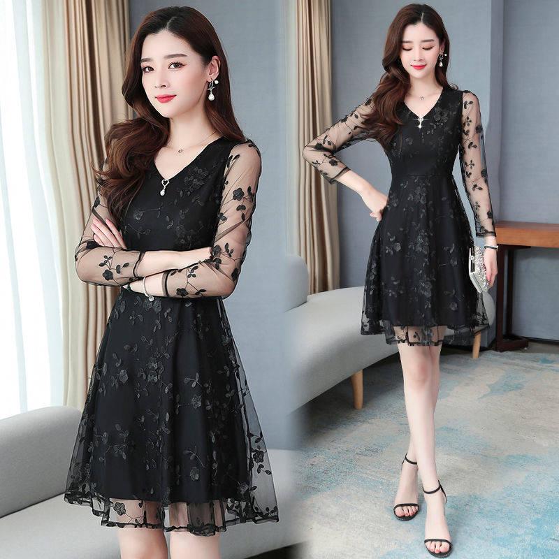Lace Dress Spring Summer Knee-length V-neck Mesh Hollow Full Sleeve Party Dress