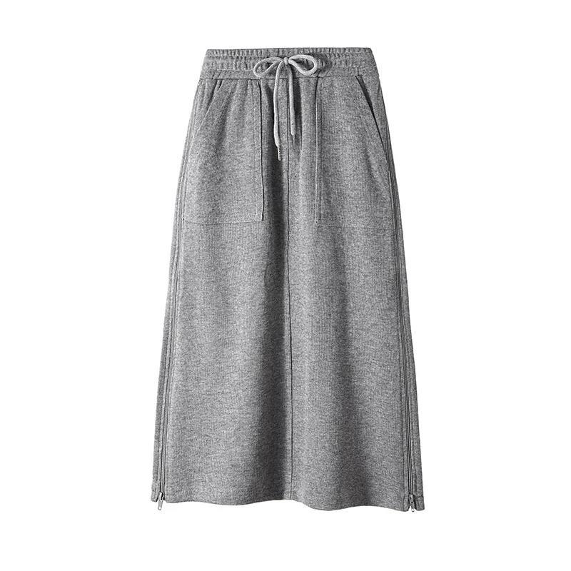 Side Slit Zipper Women Large Size Cotton Skirt with Elastic Waist A-line Skirt with Long Solid Color Sport Style
