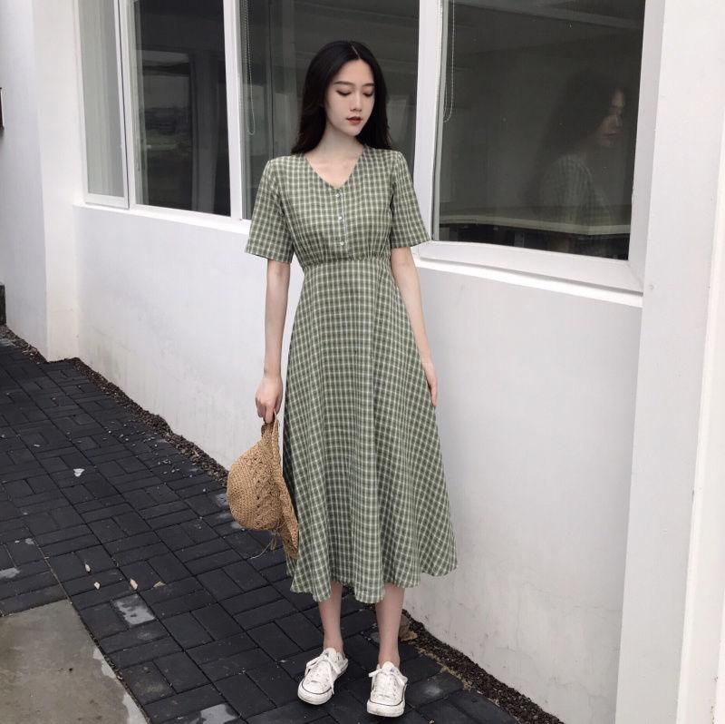 Dress Women Plaid V-neck long Sleeve Loose Fashion Leisure Sweet Korean Style Backless Lace-up Chic Student Ulzzang All-match