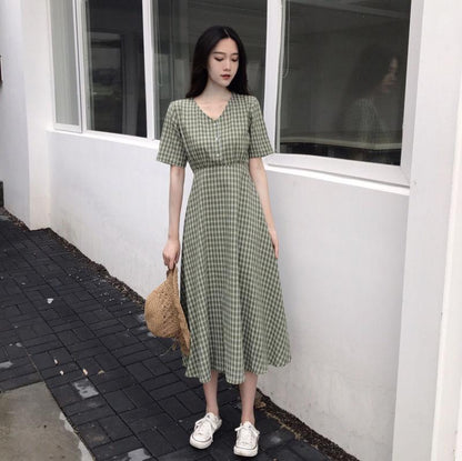 Dress Women Plaid V-neck long Sleeve Loose Fashion Leisure Sweet Korean Style Backless Lace-up Chic Student Ulzzang All-match