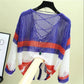 Loose Ice Silk Sunscreen Tops Thin Hollow Knitted Blouses Women's Casual Tops Personality Hollow Color Matching Sweet Pullovers