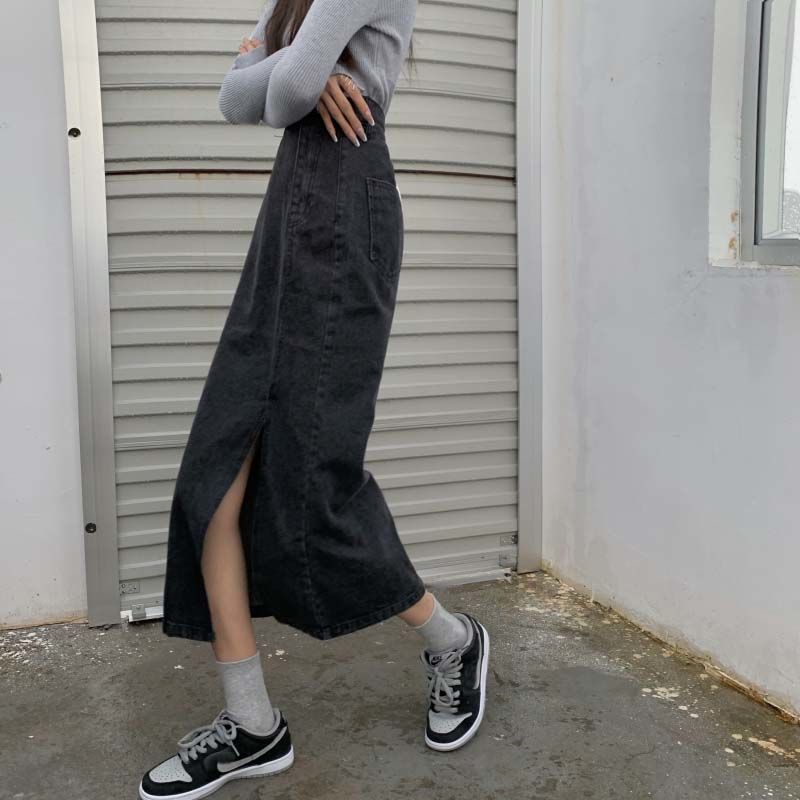 Women Sexy Sweet Solid Split Denim Skirt High Waist Over The Knee Hip Skirt Casual Club Home Office