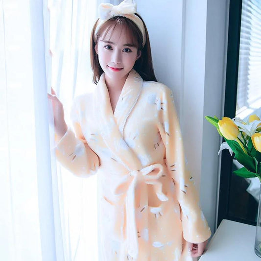 Ladies Bathrobes Winter Cashmere Warm Robe Coat Rabbit Print Pajamas Home Clothes Quick-drying Homewear Long