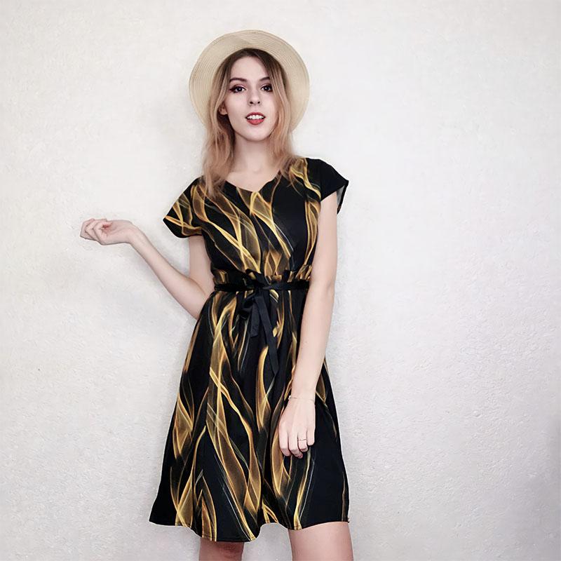 Imitation Silk Dress Female Mid-length Short-sleeved Summer New Style Small Striped Imitation Mulberry Silk Printed Skirt