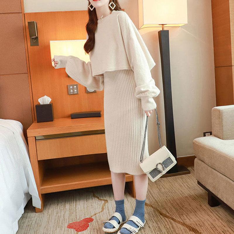 Two Piece Set Women Autumn Wear Loose Pullover Batwing Sweater and Sleeveless Strap Sweater Dress Ladies Outfits